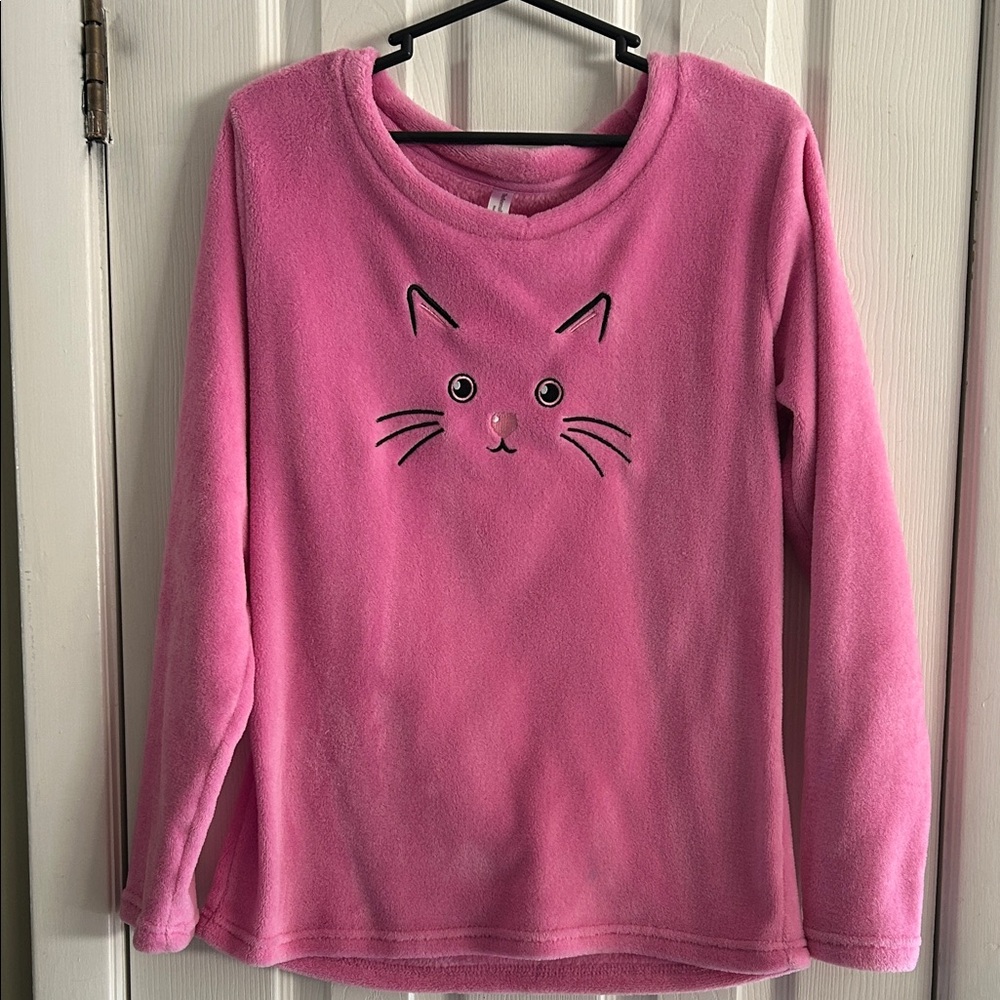 THE ANIMAL RESCUE SITE PINK FLEECE CAT FACE PAJAMA  SHIRT SIZE S